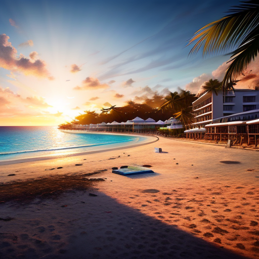 A sunlit beach vista gives way to a blood-stained towel, contrasting the beauty of the resort with the sinister crime that has occurred.